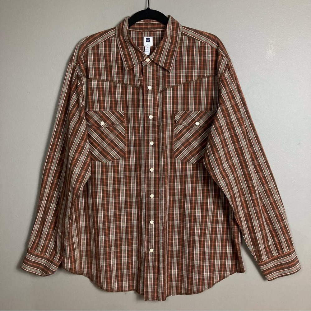 Vintage GAP western pearl snap shirt plaid brown blue long sleeve men's XL